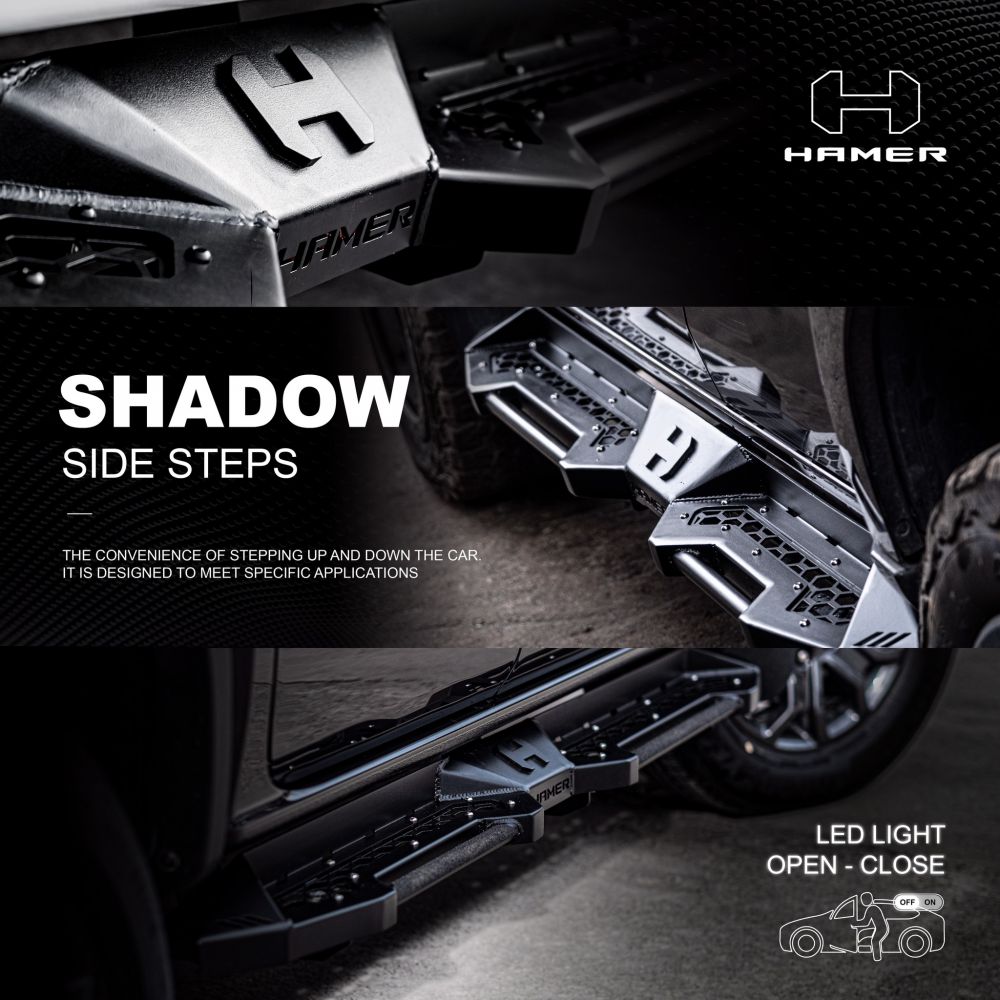 เท่ห์ไม่เผื่อใคร ดูดีแบบคนมีสไตล์บันไดข้าง SHADOW SIDE STEPS- ระบบไฟ LED 8 W ใต้บันได- ดีไซน์ลายตะแกรงเพื่อไม่ขังดิน-น้ำ- ลายโลโก้สุดเท่ห์ไม่ซ้ำใคร HAMER SIGNATURE- ขาบันไดผลิตจากเหล็กหนา 6 มม.- ทำสีด้วยระบบ POWDER COATED
