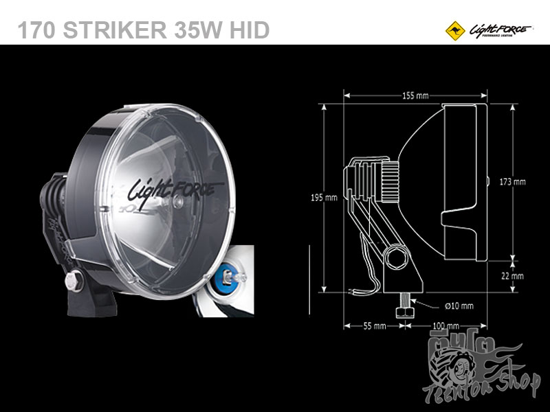 
	- รุ่น 170 STRIKER 35W HID ขนาด 173 mm. (6.8 นิ้ว) ราคา 16,400 / คู่

	 

	ใช้หลอดแบบ HID 12V / 35 Watt 5000K

	น้ำหนักต่อดวง 560g.

	ความสว่างสามารถพุ่งไกลถึง 750 เมตร (สเปคจากผู้ผลิต)

	เลนส์สามารถปรับแสงให้กว้างหรือแคบได้

	สินค้าจำหน่ายเป็นคู่ (ไม่รวมชุดรีเลย์กับสวิทช์)
