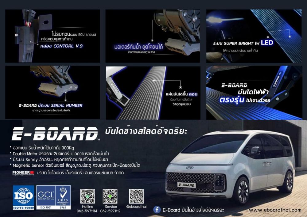 Hyundai Staria บันไดข้างสไลด์อัจฉริยะ EBOARDขึ้นลง สะดวกสบาย … รับประกัน 3 ปี พร้อมติดตั้งถึงที่บ้าน- รับน้ำหนักได้ถึง 300 กิโลกรัม- ได้รับการรับรอง TS16949- มีไฟ LED ส่องสว่าง
