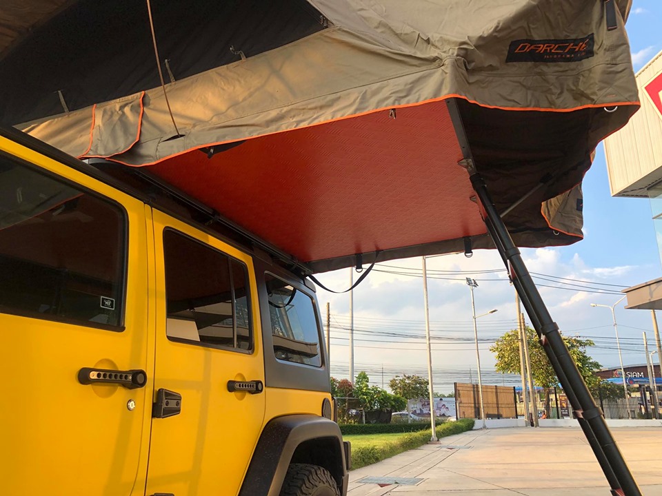 DARCHE rooftop tent รุ่น PANORAMA 1.60 เมตร ราคา 42,600฿ (มี optionเป็นห้องด้านล่างเพิ่มเติมซื้อแยกต่างหาก) คันนี้ใส่บน Rhino Rack ของ JEEP Wrangler JK
