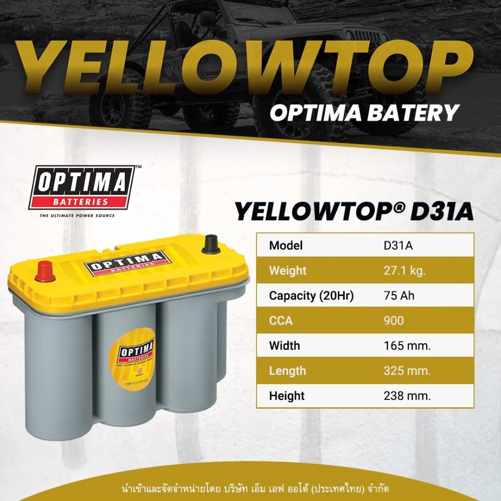 OPTIMA ® YELLOWTOP เหมาะกับรถออฟโรด เครื่องเสียงหนักรุ่น YT S5.5L (D31A) / กระแสไฟ 75 Ah / ราคา 17,700 บาท (ขั่วธรรมดา) ขายดีสุด ...

