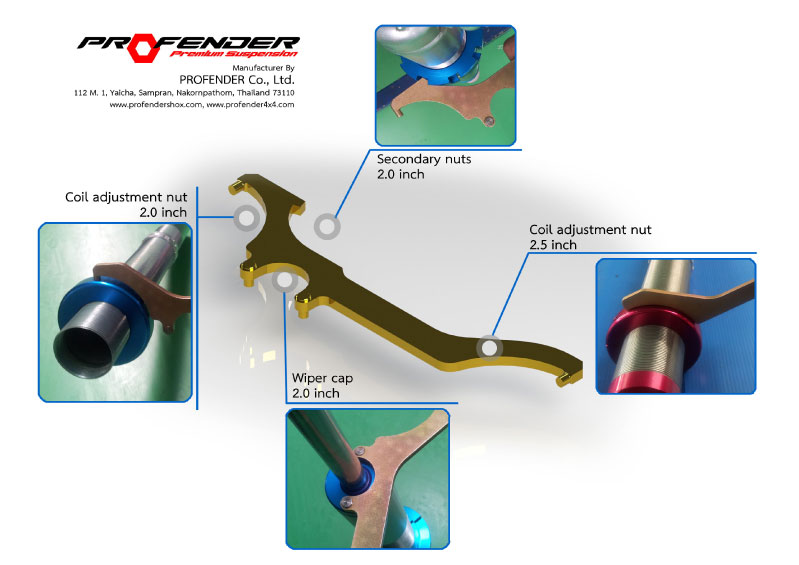 ประแจ Universal Shock Spanner Wrench
Part# WR-001
*Design for adjusting the spring retainer 2.0 and 2.5 , Secondary Nut 2.0 and Wiper Cap
*All-in-One Wrench designed to reduce amount of Tooling.

