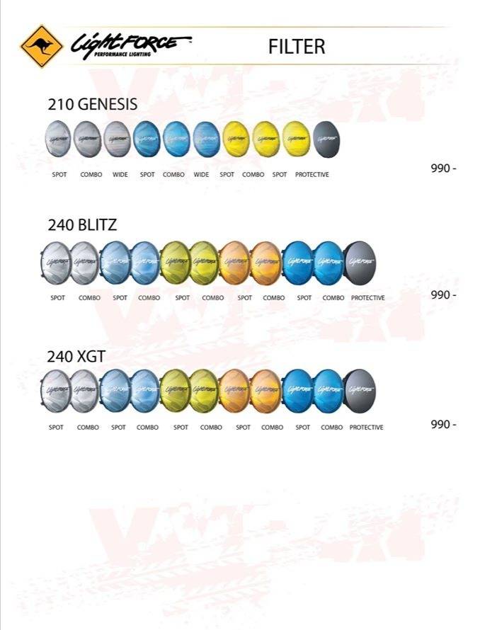 ฝาครอบ 170mm Striker Driving Light Filters
- ฝาครอบ Spot, Combo (สีส้ม) ราคา 790 / อัน
- ฝาครอบ Spot, Combo, Wide (สีเหลือง) ราคา 790 / อัน
- ฝาครอบ Spot, Combo, Wide (สีฟ้าอ่อน) ราคา 790 / อัน
- ฝาครอบ PN-CBLKSD (สีดำ) ใช้ปิด ราคา 790 / อัน
ปล. ห้ามเปิด Spotlight ขณะที่ปิดฝาครอบดำโดยเด็จขาด
 
ฝาครอบ 210mm Genesis Driving Light Filters
- ฝาครอบ Spot, Combo, Wide (สีเหลือง) ราคา 990 / อัน
- ฝาครอบ Spot, Combo, Wide (สีฟ้าอ่อน) ราคา 990 / อัน
- ฝาครอบ Spot, Combo, Wide (สีขาวใส) ราคา 990 / อัน
- ฝาครอบ PN-C210BLK (สีดำ) ใช้ปิด ราคา 990 / อัน
ปล. ห้ามเปิด Spotlight ขณะที่ปิดฝาครอบดำโดยเด็จขาด
 
ฝาครอบ 240MM STRIKER/XGT Driving Light Filters
- ฝาครอบ Spot, Combo (สีเหลือง) ราคา 990 / อัน
- ฝาครอบ Spot, Combo (สีฟ้าอ่อน) ราคา 990 / อัน
- ฝาครอบ Spot, Combo (สีน้ำเงิน) ราคา 990 / อัน
- ฝาครอบ Spot, Combo (สีส้ม) ราคา 990 / อัน
- ฝาครอบ PN-CBLKBD (สีดำ) ใช้ปิด ราคา 990 / อัน
ปล. ห้ามเปิด Spotlight ขณะที่ปิดฝาครอบดำโดยเด็จขาด
