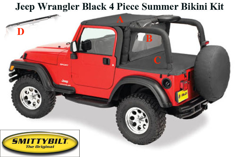 1997-2006 Jeep Wrangler Black 4 Piece Summer Bikini Kit 
ชุดหลังคาผ้าใบ บิกินี้ ประกอบด้วย 
A หลังคาผ้าใบ 
B แผ่นกั้นระหว่างห้องโดยสารกับกระบะท้าย 
C แผ่นปิดฝาท้ายกระบะ 
D รางติดตั้งขอบหลังคาผ้าใบ 
 
ตอนนี้มีเฉพาะสีดำ 
วิธีติดตั้ง 
http://www.youtube.com/watch?v=BN4CTMDKhb4 
