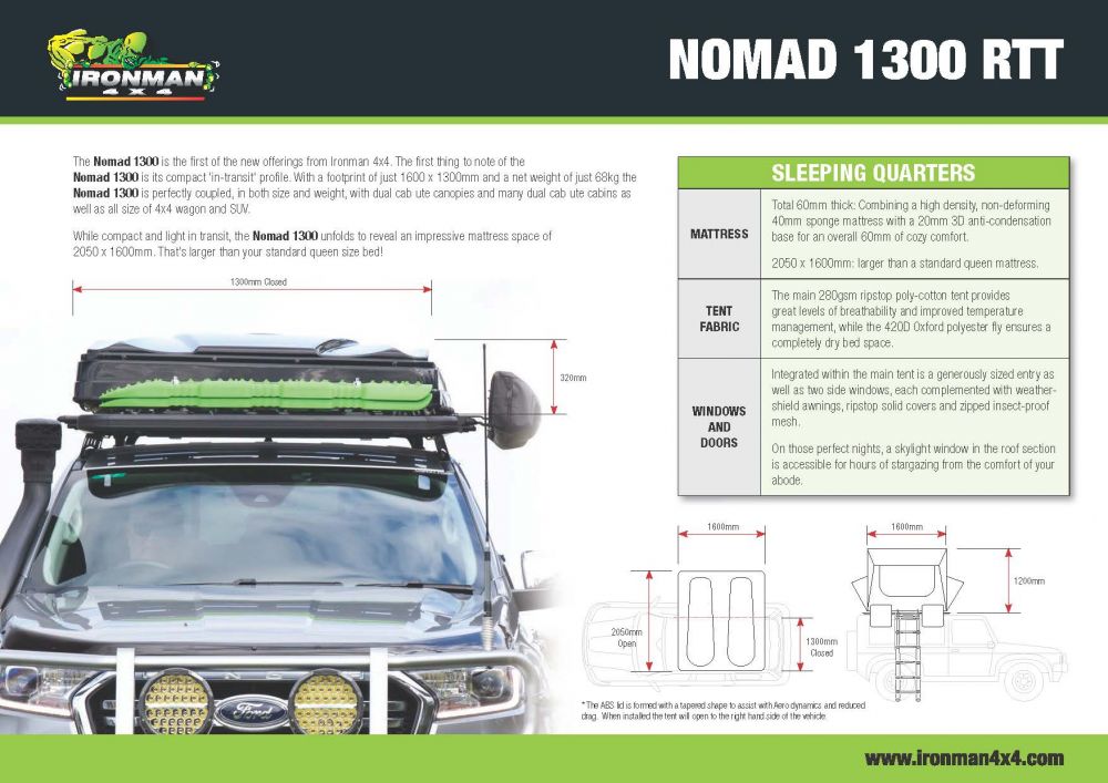 ใหม่ล่าสุด ออกแบบเพื่อการนอนและการพักผ่อนอย่างแท้จริง‼The Nomad 1300 RTT เต๊นท์บ้านรุ่นใหมล่าสุด◾ น้ำหนักเพียง 68 กก. รับน้ำหนักสูงสุด 300 กก.◾ ขนาด 1600L x 1300W x 320H ตอนเก็บพับ◾ ขนาดที่นอน (มม.): 2050L x 1600W x 60H ใหญ่กว่าที่นอน Queen size นุ่ม หลับสบาย!◾ 280gms poly-cotton tent body with 420D Oxford polyester fly◾ หลังคา Sky roof และ Moon Roof ◾ โช๊คสตรัทช่วยผ่อนแรงในการกางและเก็บเต๊นท์◾ โครงสร้างอลูมิเนียม แข็งแรง น้ำหนักเบามากๆ  ราคาสุดคุ้มค่า 65,000 บาท เท่านั้น
