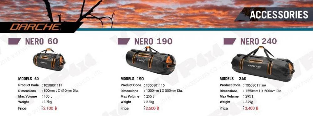 #DARCHE #NEROกระเป๋าเดินทาง กันน้ำได้ #Darcheมีให้เลือก 3 ไซส์NERO 60  ราคา 2,100.-
NERO 190  ราคา 2,600.-
NERO 240  ราคา 3,400.-
- NERO 60ขนาด: 800 mm. x 410 mm. ปริมาณสูงสุด: 105Lน้ำหนัก: 1.7 kg.
- NERO 190ขนาด : 1300 mm. x 500 mm.ปริมาณสูงสุด : 255Lน้ำหนักสินค้า : 2.80 Kg.
- NERO 240ขนาด: 1550  x 500 mm.ปริมาณสูงสุด: 295 L.น้ำหนัก: 3.2 kg.
