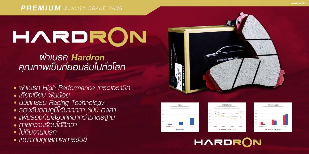 New Product 
ผ้าเบรคคุณภาพเป็นที่ยอมรับไปทั่วโลกผ้าเบรค Hardron  นำเข้าจากเกาหลี1.ผ้าเบรก High Performance เกรดเซรามิค2. เสียงเงียบ ฝุ่นน้อย3. นวัตกรรม Racing Technology4.รองรับอุณภูมิได้มากกว่า 600 องศา5. แผ่นรองกันเสียงที่หนากว่ามาตรฐาน6. คายความร้อนได้ดีกว่า7. ไม่กินจานเบรก8. เหมาะกับทุกสภาพการขับขี่ 
